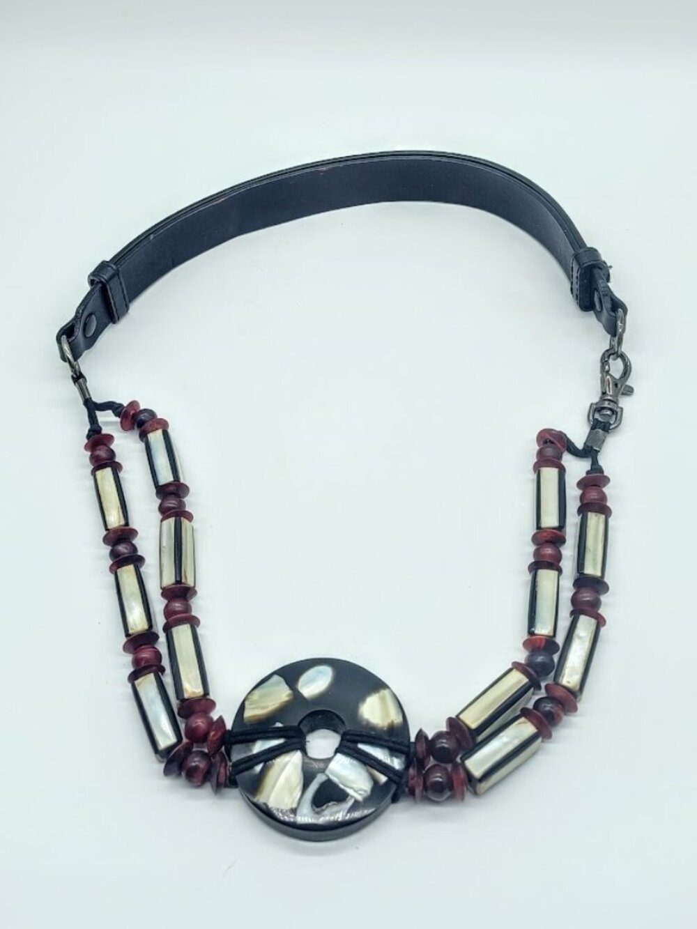 Chico's Black Leather Burgundy Beaded MOP Adjustable Belt